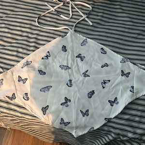 White Blue butterfly tie back top
